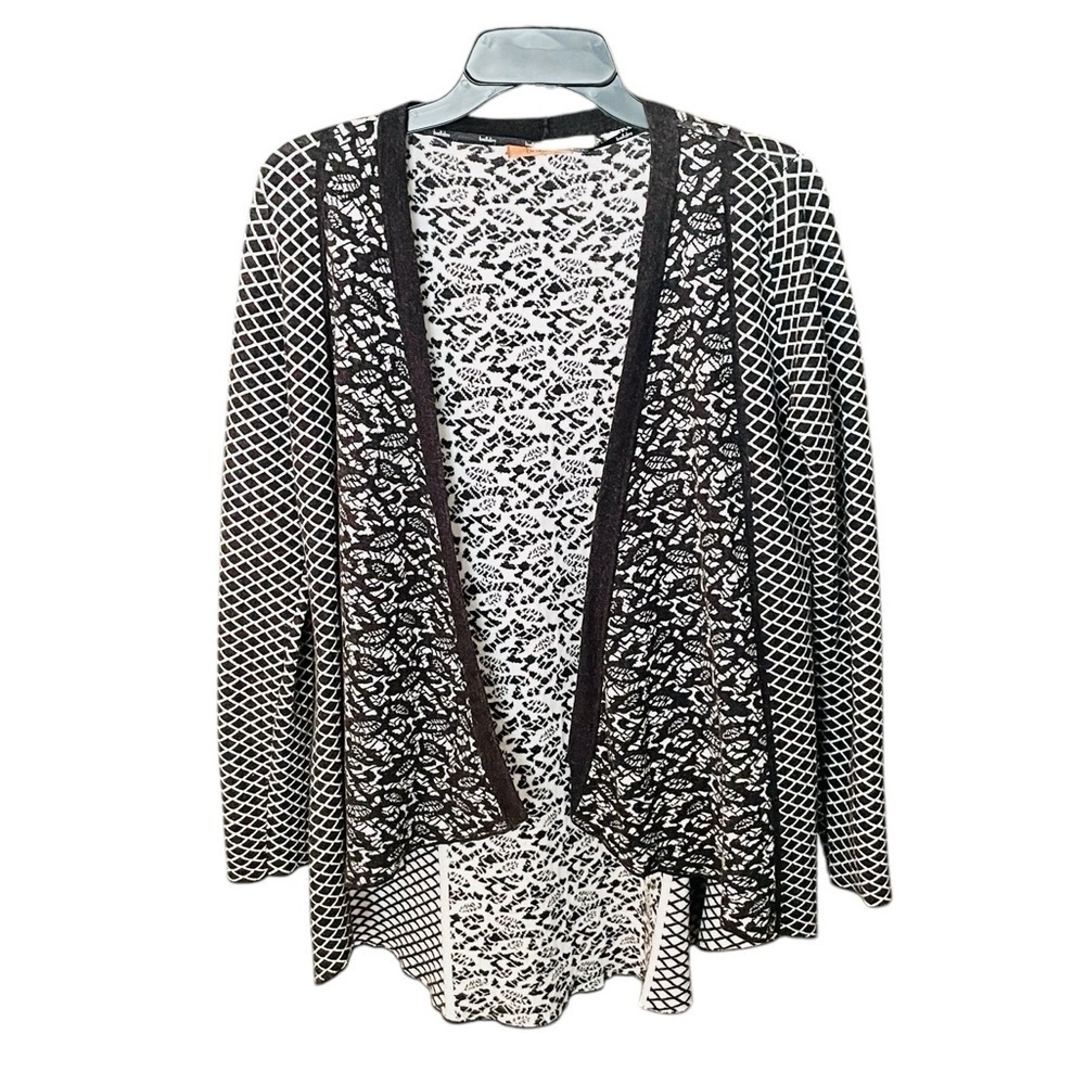 Belldini draped open front cardigan long sleeve cotton blend SZ M black white